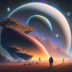 Futuristic landscape with three figures observing surreal planets and terrain