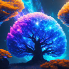 Colorful digital artwork: oversized luminous tree, swirling branches, starry sky, orange foliage,