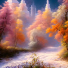 Vibrant red and orange autumn forest with misty sunlight filtering through, creating dreamy atmosphere