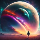 Person standing before surreal landscape with vibrant colors, twin moons, and starry sky