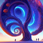 Fantastical swirling tree with cosmic patterns in surreal landscape.