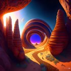 Surreal landscape with orange spiral rock formations and glowing blue portal