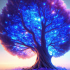 Majestic fantasy tree in desert landscape at dusk with celestial bodies
