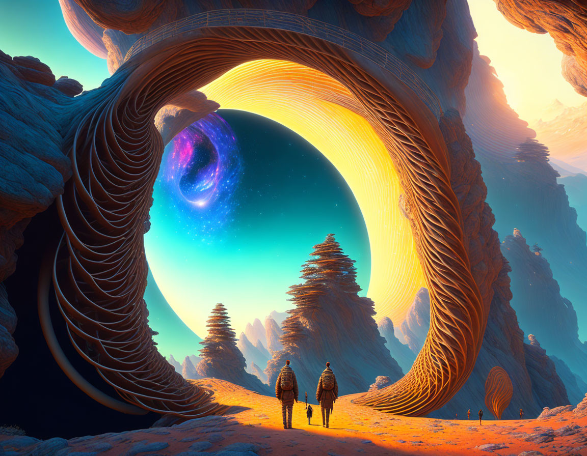 Surreal spiral archway with cosmic scene and rock formations