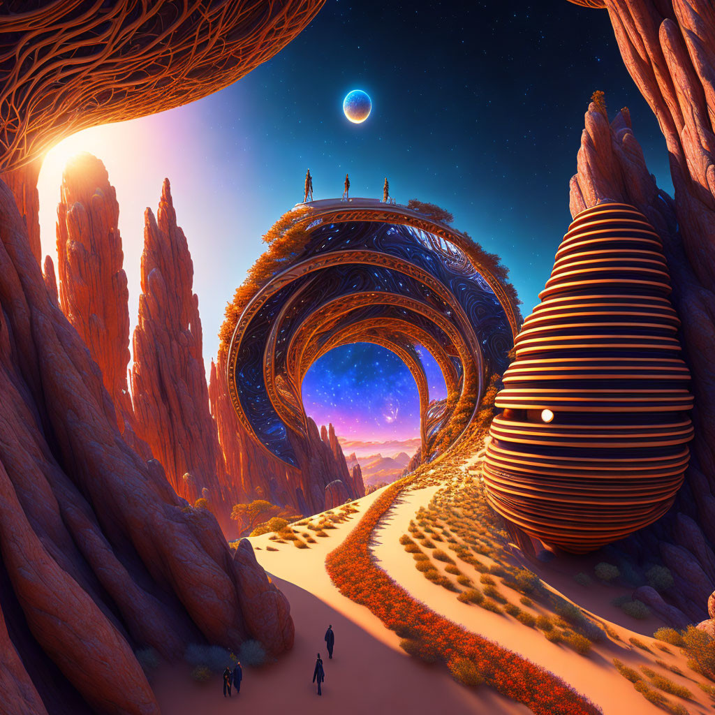 Fantastical Landscape with Rock Formations, Spiraled Structure, and Silhouetted Figures