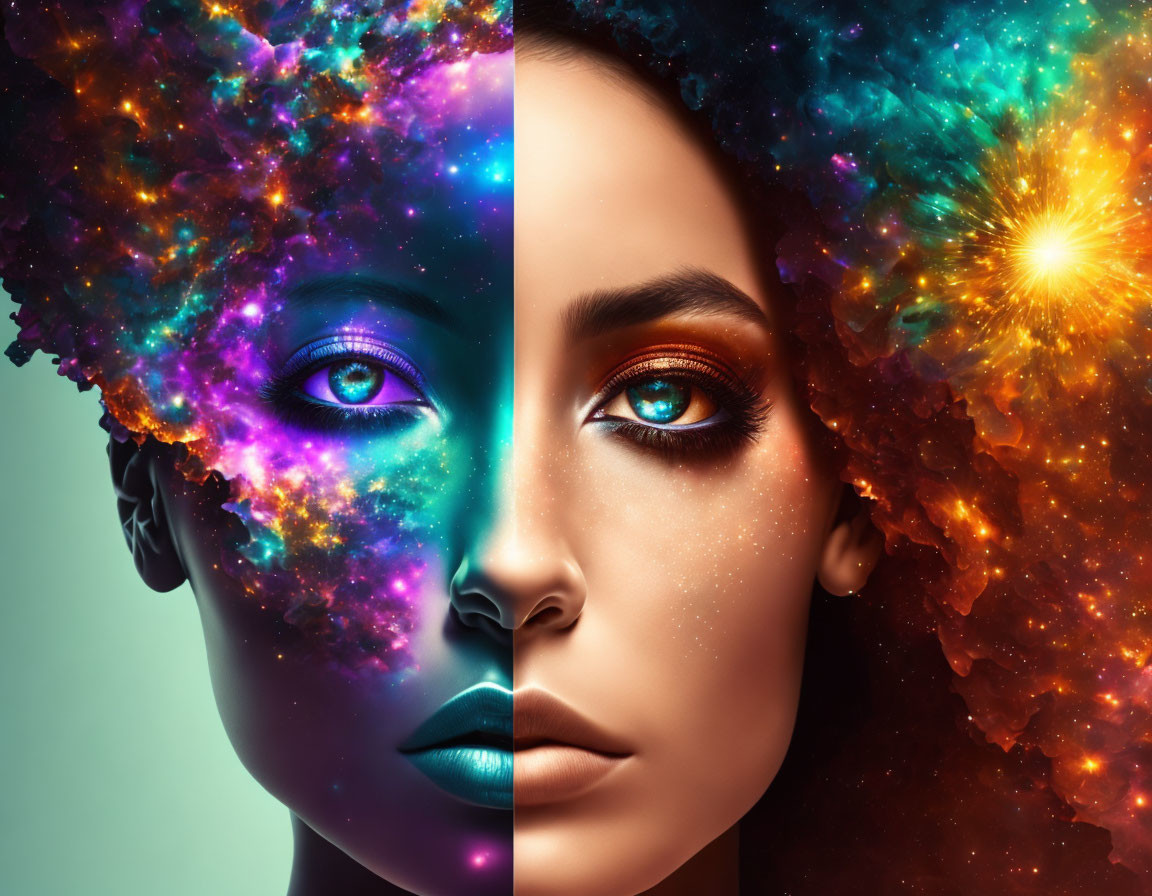 Split-image of woman's face: cosmic galaxy vs. natural makeup features