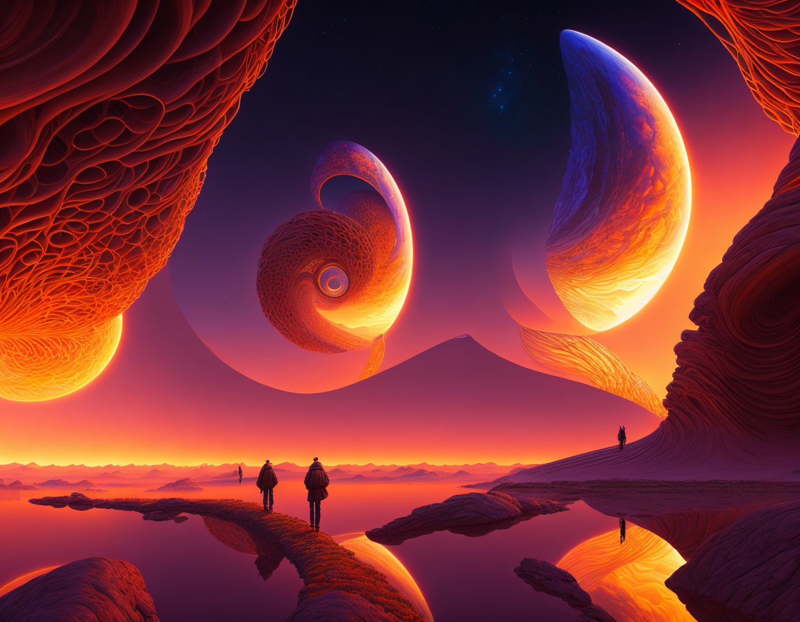 Surreal landscape with orange structures and red sky featuring two people and two planets