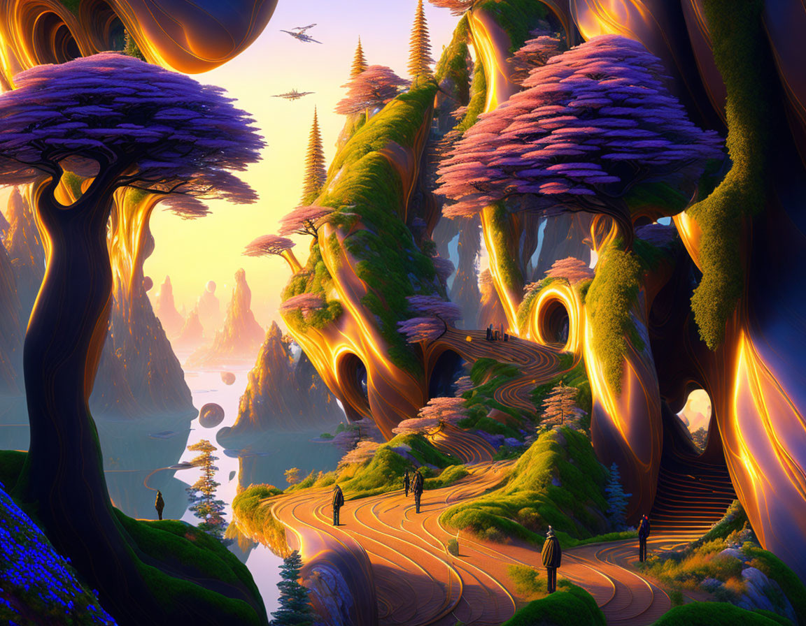 Colorful surreal landscape with oversized mushroom-like trees and small figures journeying amid swirling pathways.