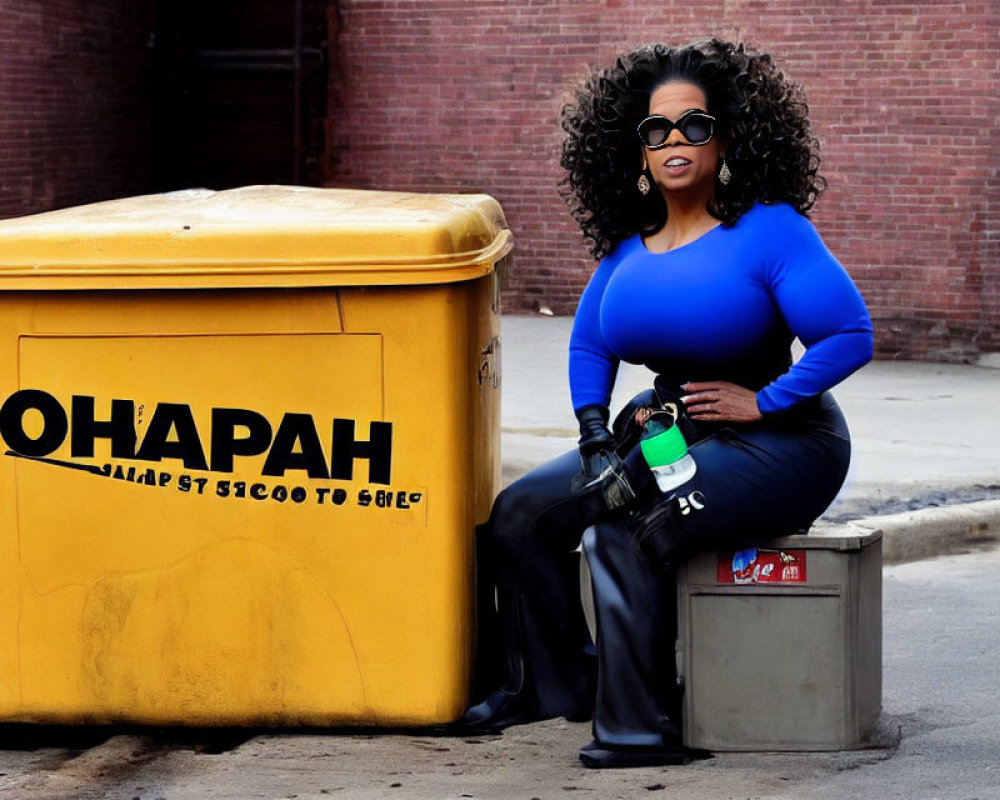 Woman in Blue Top and Black Pants Sitting by Yellow Dumpster with "OHAPAH" Written