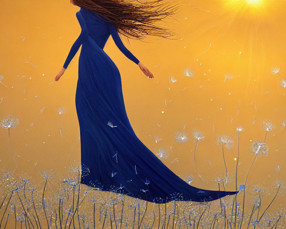 Woman in blue dress among dandelions at sunset