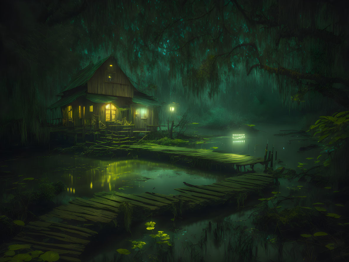 Eerie illuminated cabin on swamp with mist and hanging moss
