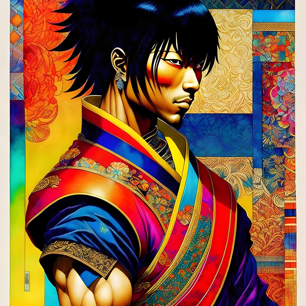 Colorful Artwork of Character in Traditional Clothing with Dark Hair