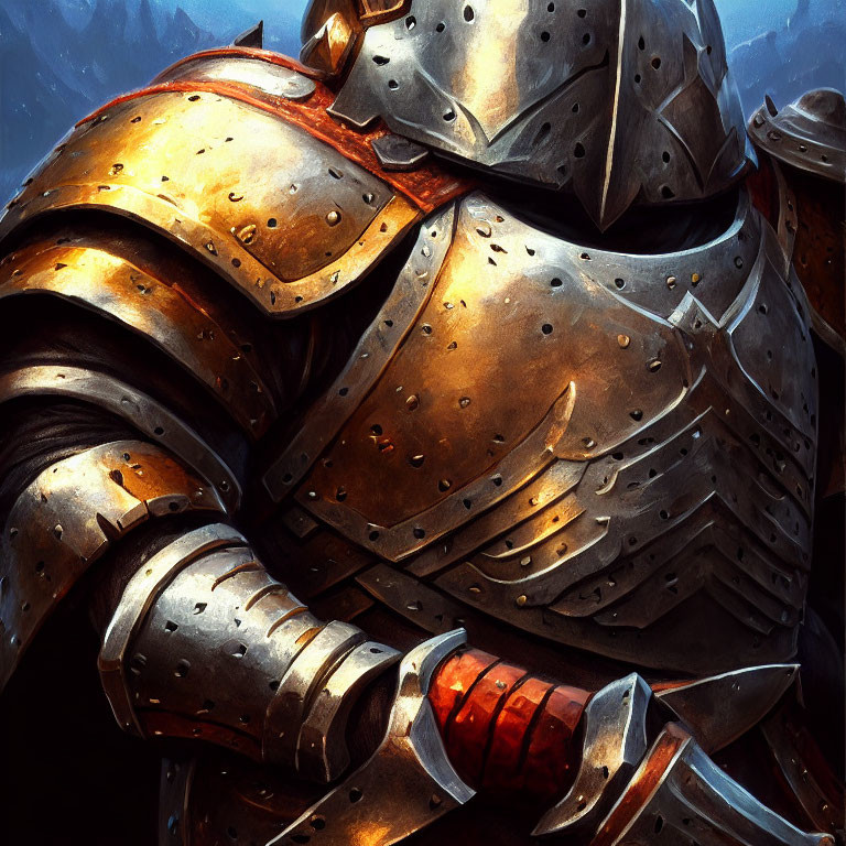 Detailed close-up illustration of a knight in shining armor with raindrops on plate mail and sword hilt