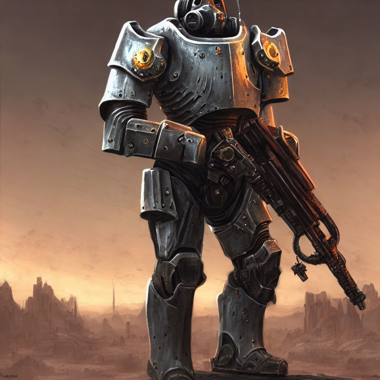 Armored figure with futuristic gun in war-torn landscape