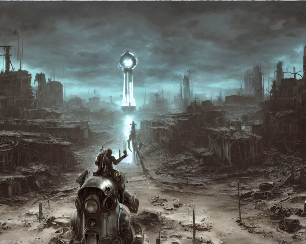 Dystopian cityscape with ruined buildings and figure in gas mask observing