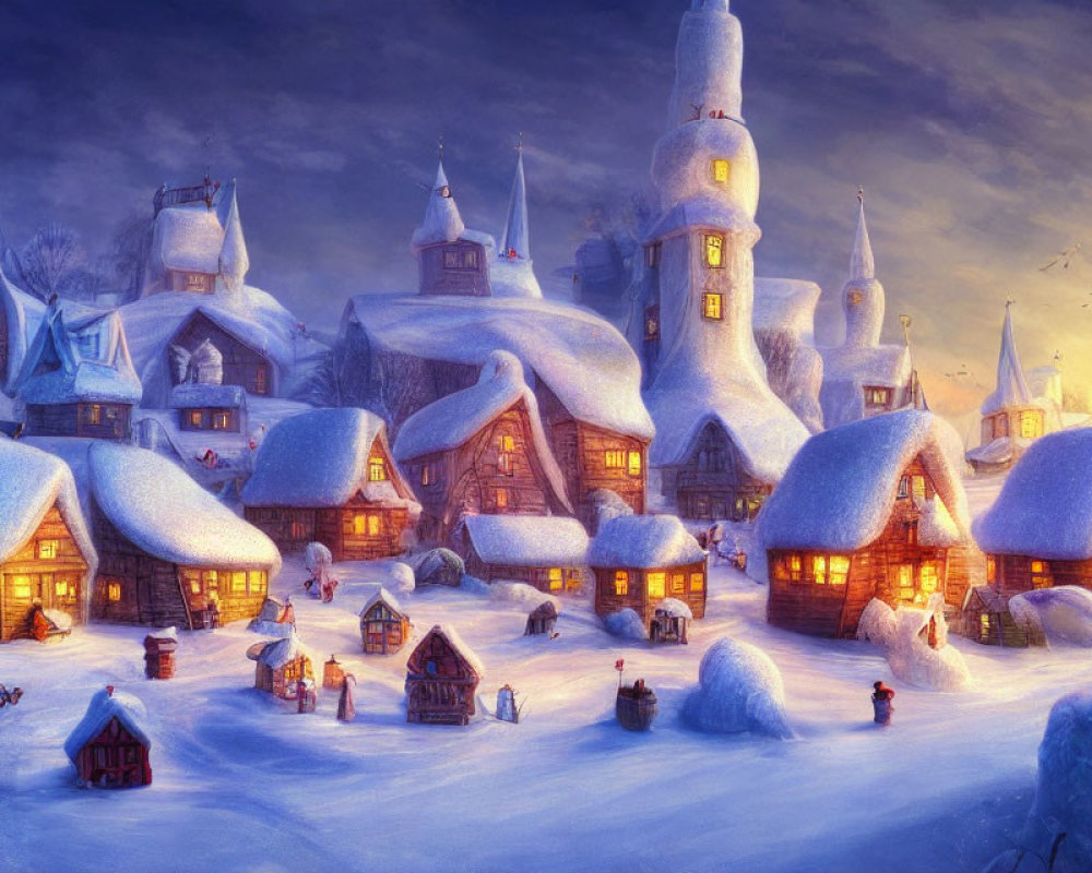 Snow-covered winter village with cozy cottages and twilight sky