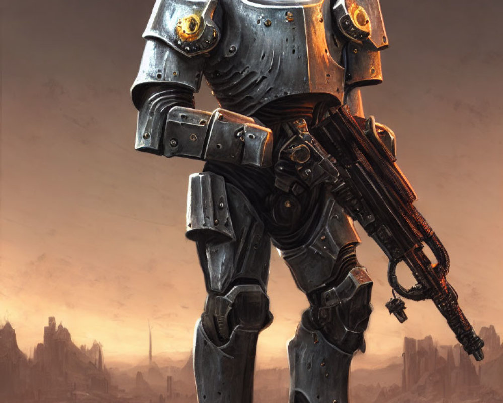 Armored figure with futuristic gun in war-torn landscape