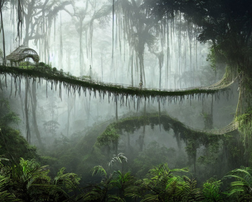 Misty rainforest with rope bridge and hut in lush greenery