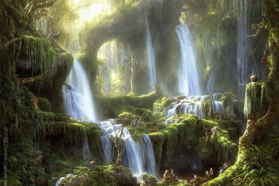 Sunlit waterfall cascading in lush forest with light beams.