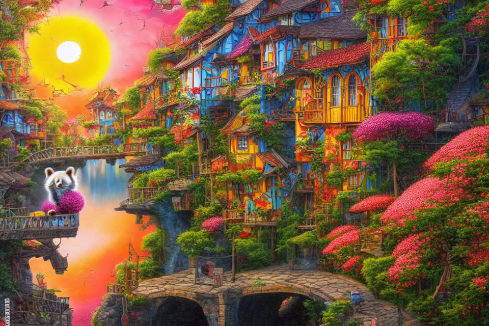 Colorful Fantasy Village with Blossom Trees, Stone Bridges, Sun, and Fluffy Creature