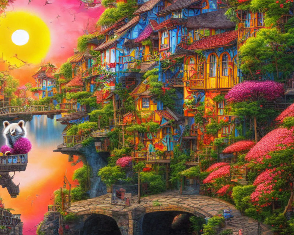 Colorful Fantasy Village with Blossom Trees, Stone Bridges, Sun, and Fluffy Creature
