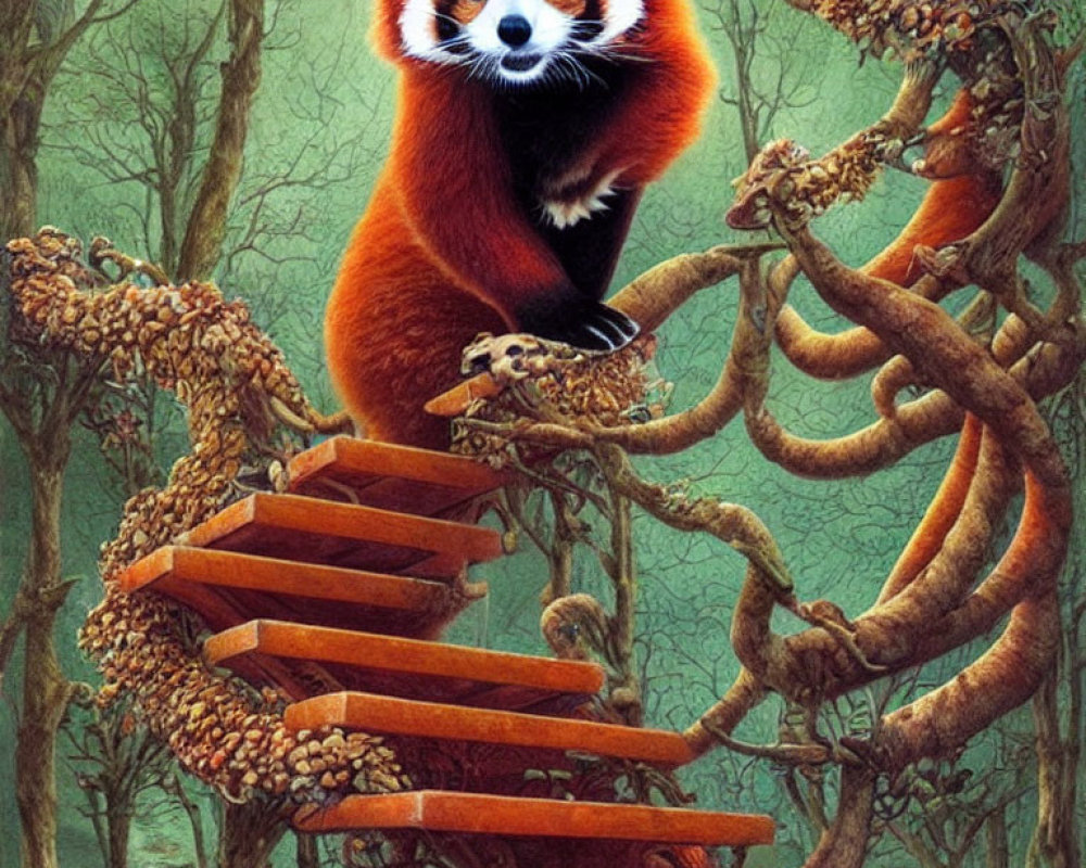Red Panda on Spiral Staircase in Forest Setting