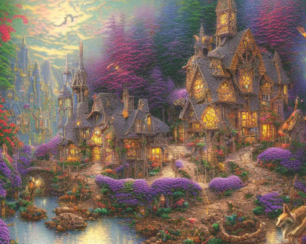 Enchanting illuminated cottage in lush purple foliage with tranquil stream and wildlife under twilight sky