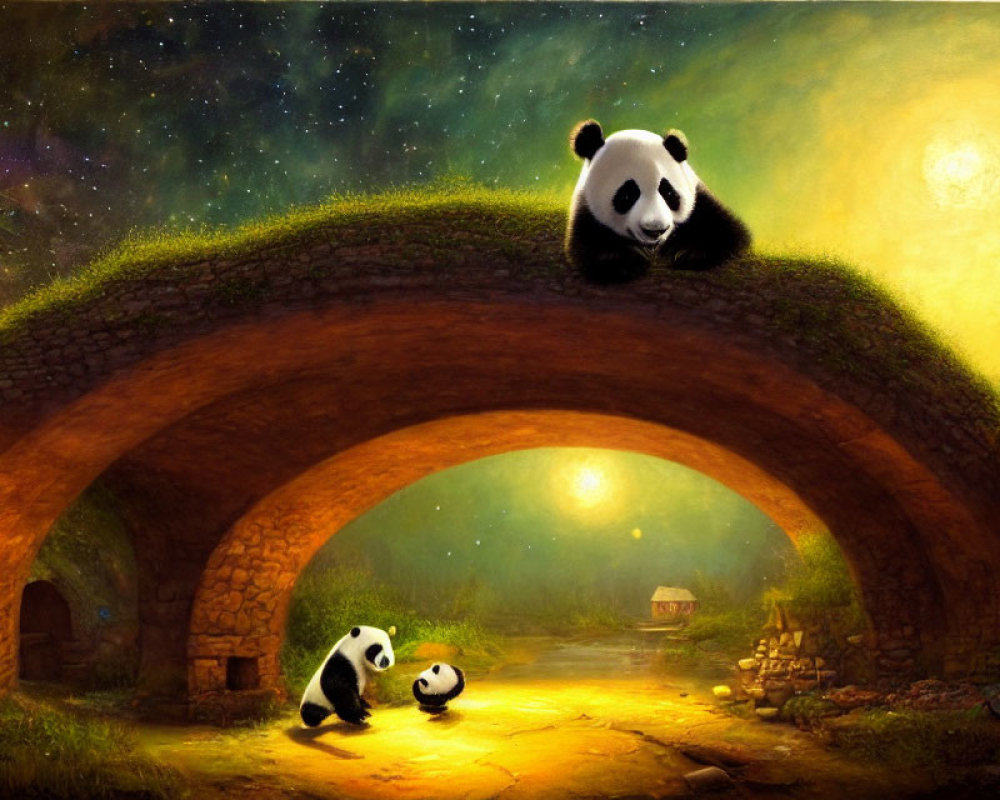 Artwork of two pandas under starry sky on grass bridge.