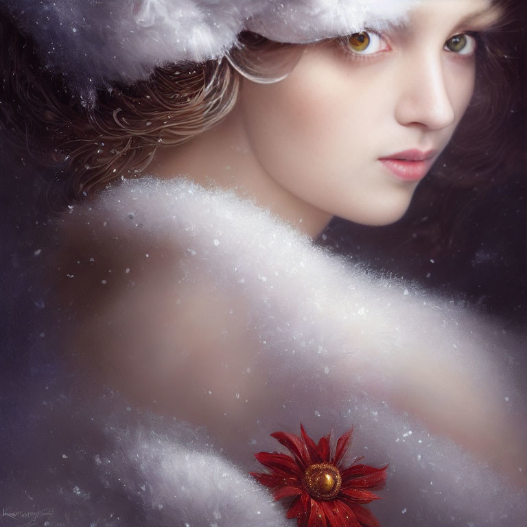 Fair-skinned person portrait with snowflake textures and red flower accent