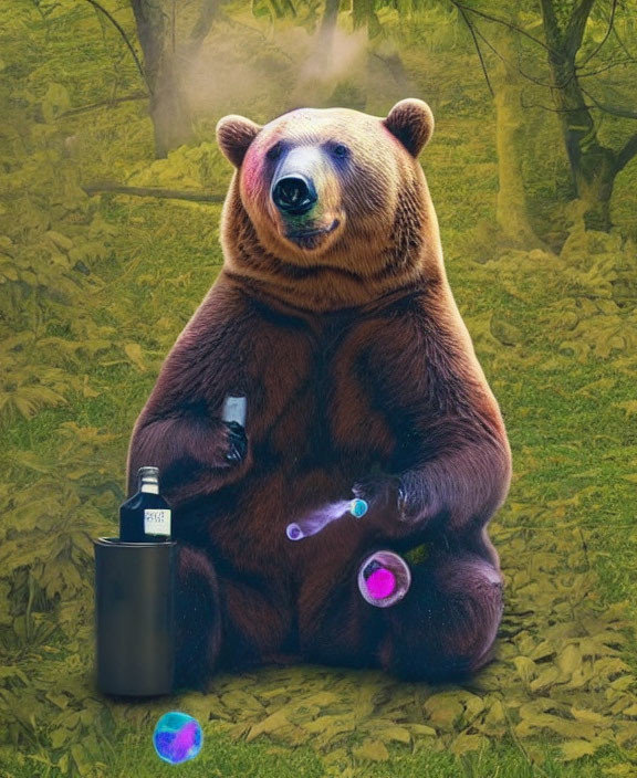 Bear blowing bubbles in forest clearing with black jar labeled '984'