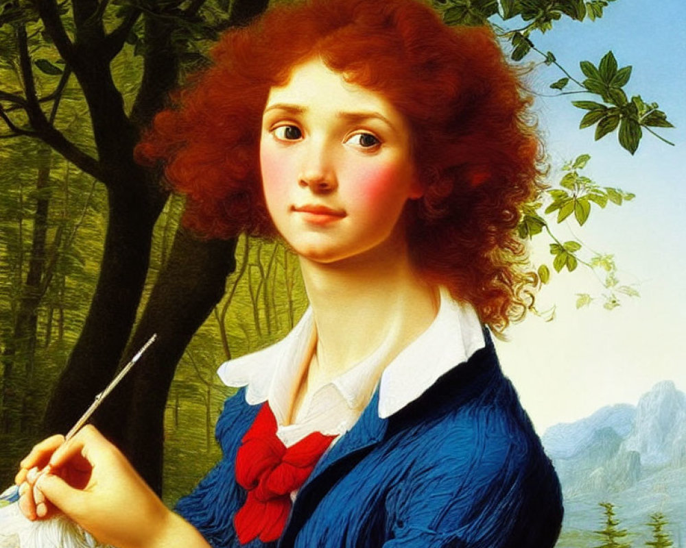 Portrait of young person with curly red hair in blue jacket, holding paintbrush, with scenic background