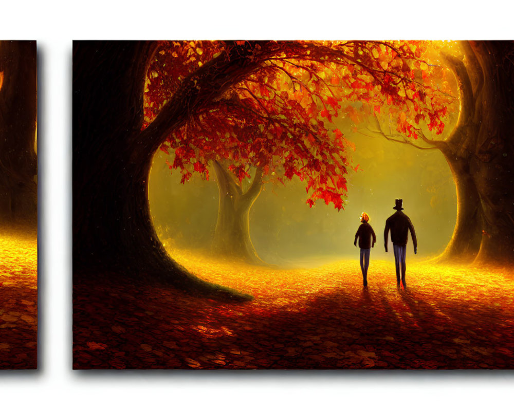 Digital Artwork: Two Figures Walking Among Vibrant Autumn Trees