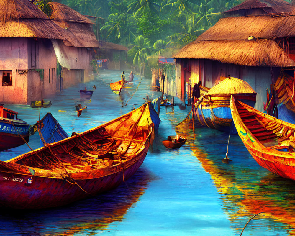 Scenic waterside village with thatched huts and colorful boats