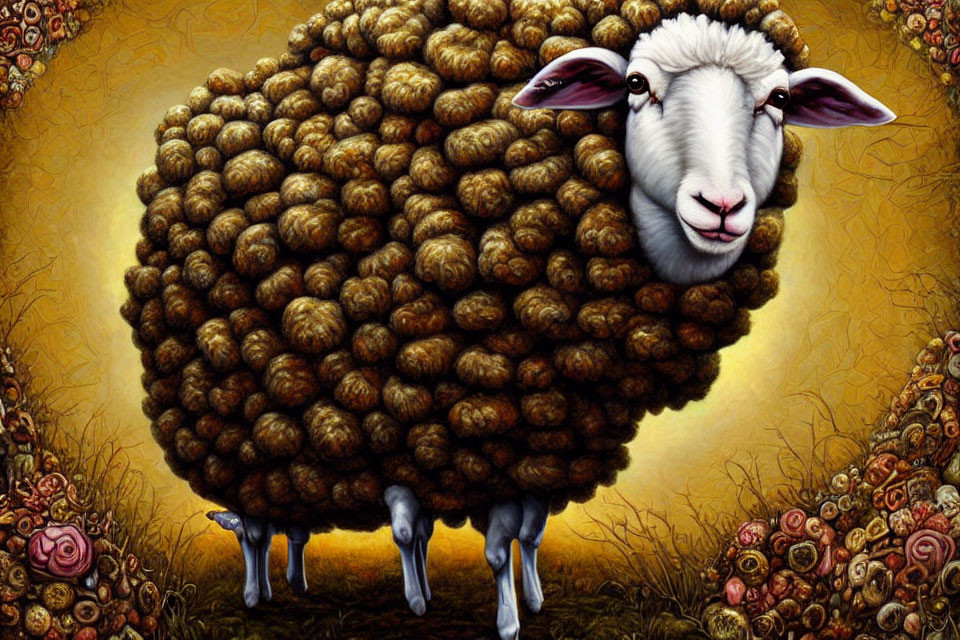 Surreal illustration of sheep with large textured body on textured background