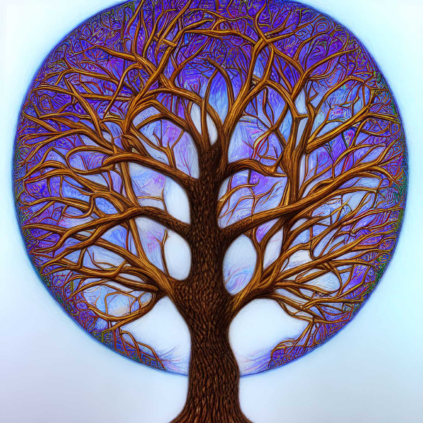 Intricately designed tree with complex branches on luminous blue background