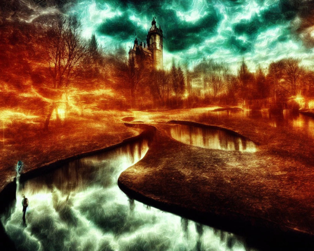 Surreal fiery landscape with river, lone figure, and castle under dramatic sky