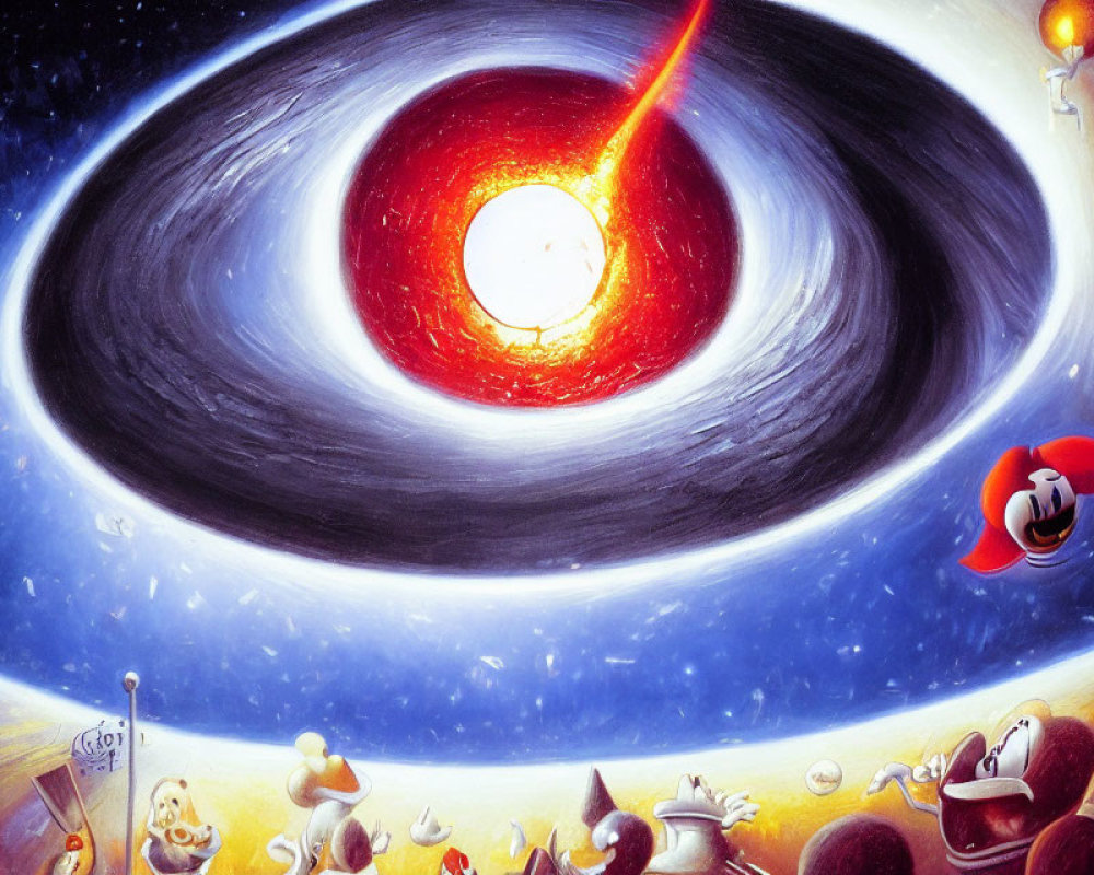 Colorful space illustration with black hole, planets, and cartoon characters.