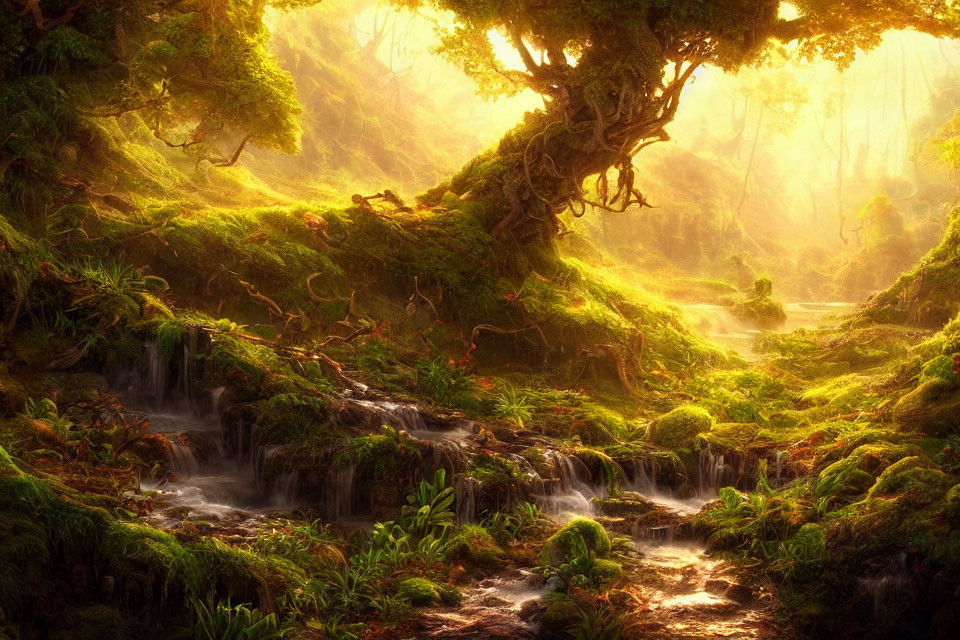 Tranquil forest landscape with sunlight, mist, waterfalls, moss, and ancient trees