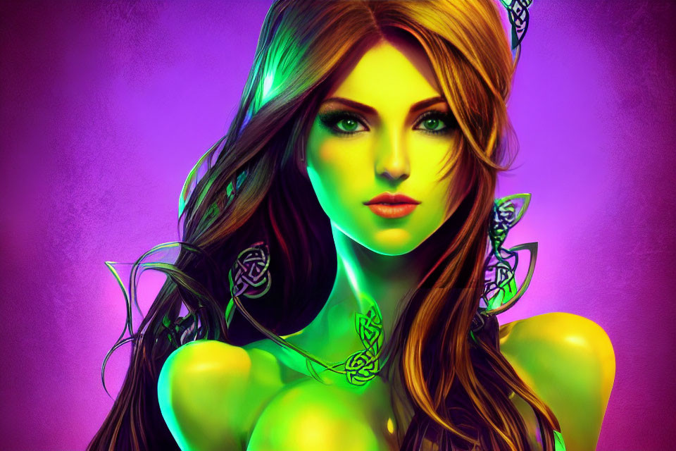 Digital artwork of woman with green markings, green eyes, and roses on purple background