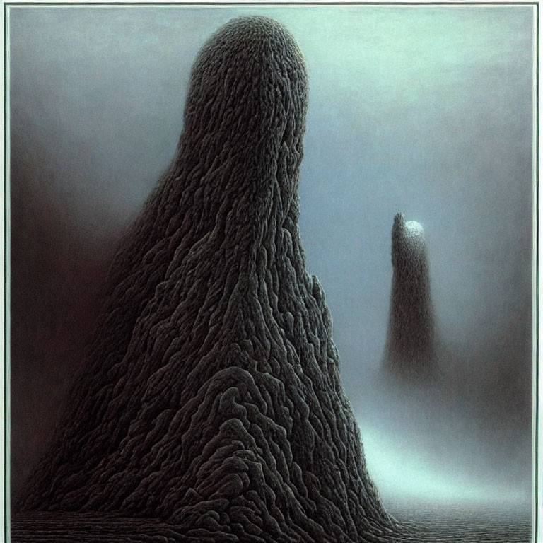 Misty landscape with textured monolith-like structures
