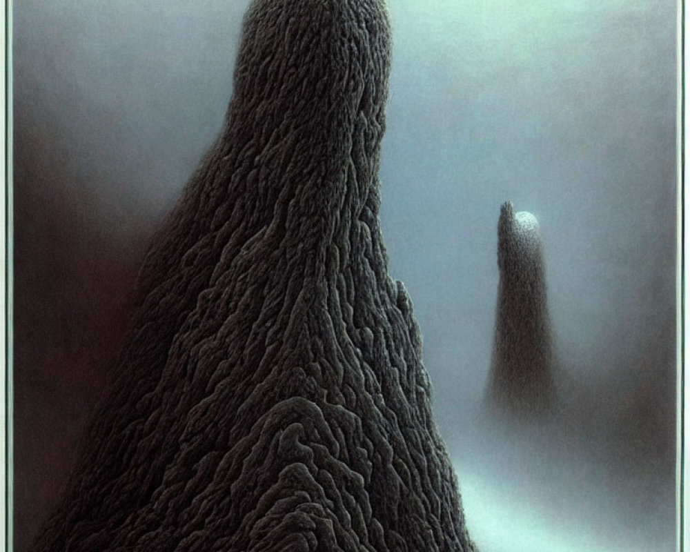 Misty landscape with textured monolith-like structures