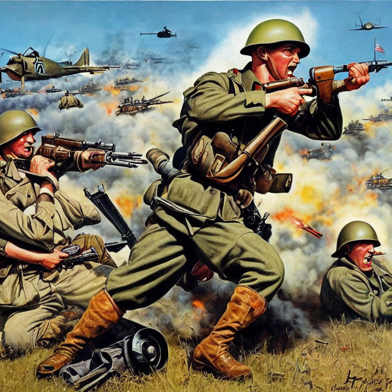 Military soldiers in combat with rifles, helmets, explosions, and fighter planes.