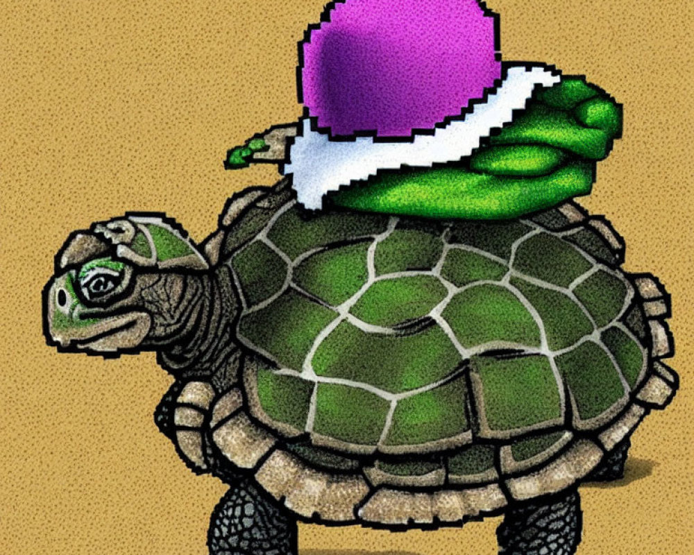Pixelated purple hat on green-shelled turtle in sandy setting