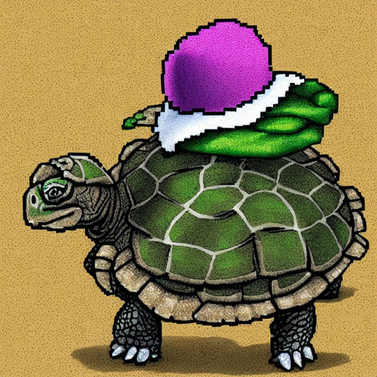 Pixelated purple hat on green-shelled turtle in sandy setting