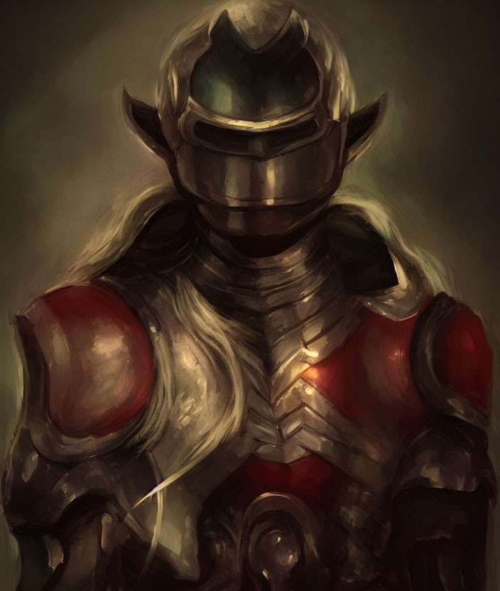 Knight in Worn Armor with Red Pauldrons on Dark Background