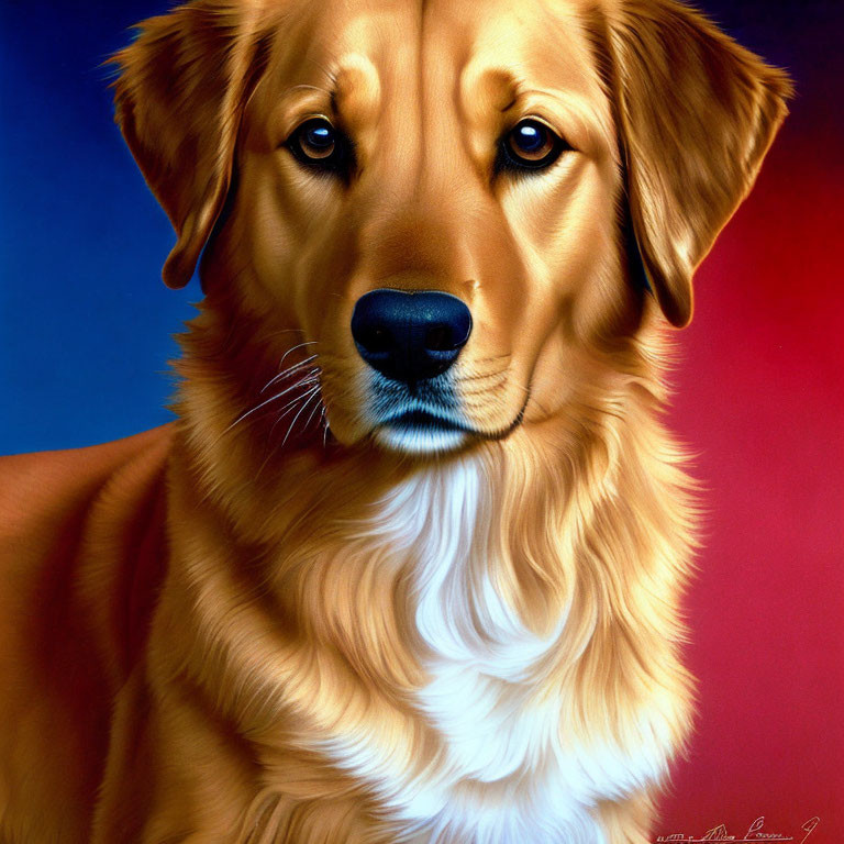 Golden Retriever Portrait with Attentive Eyes on Blue and Red Background