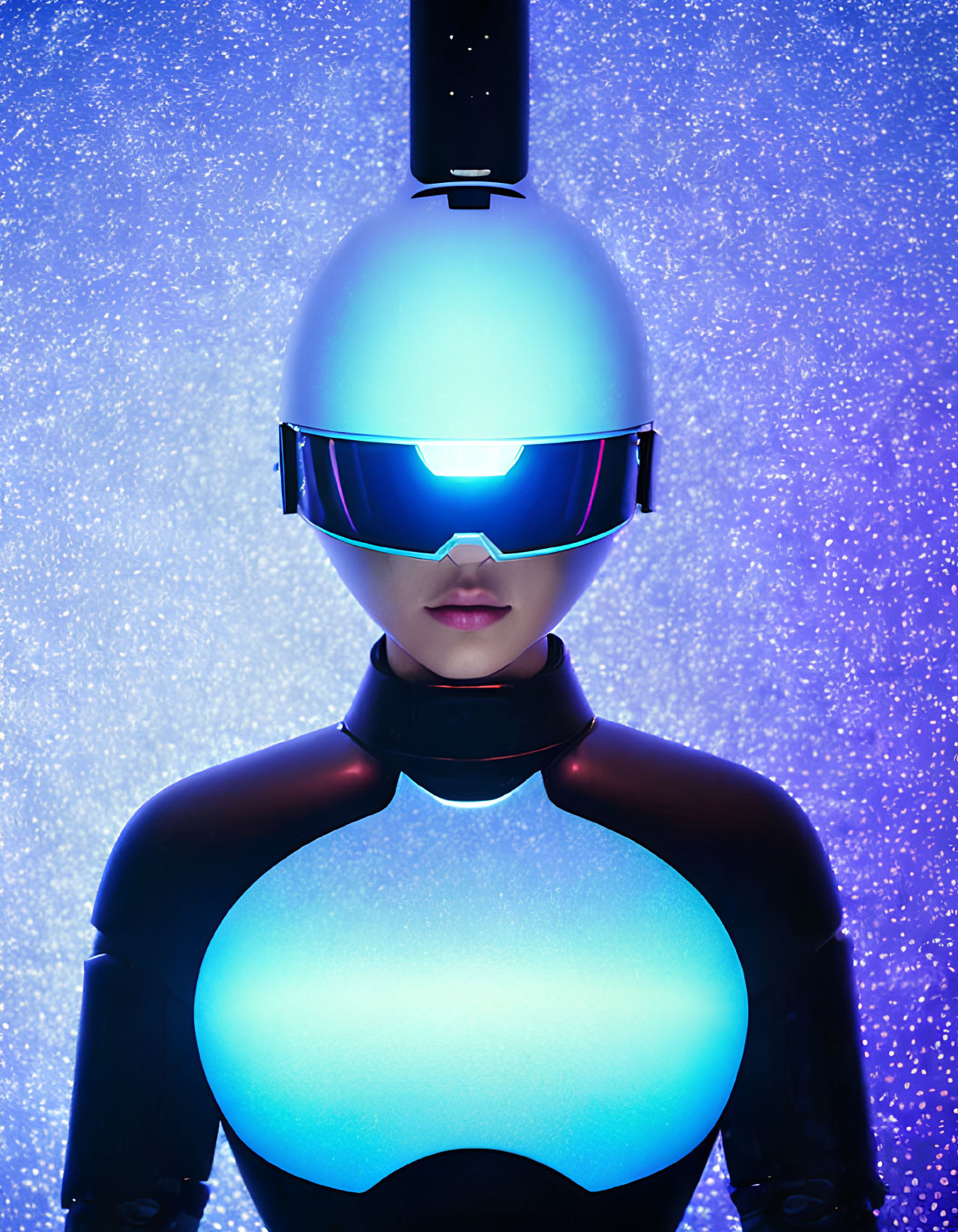 Futuristic person with glowing helmet in starry background