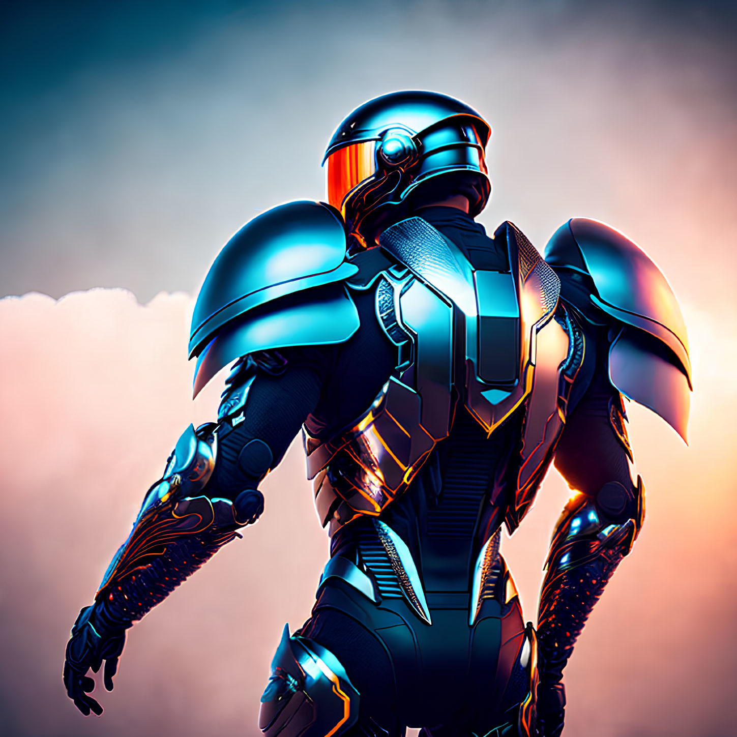 Futuristic armored robot against pink and blue clouded backdrop