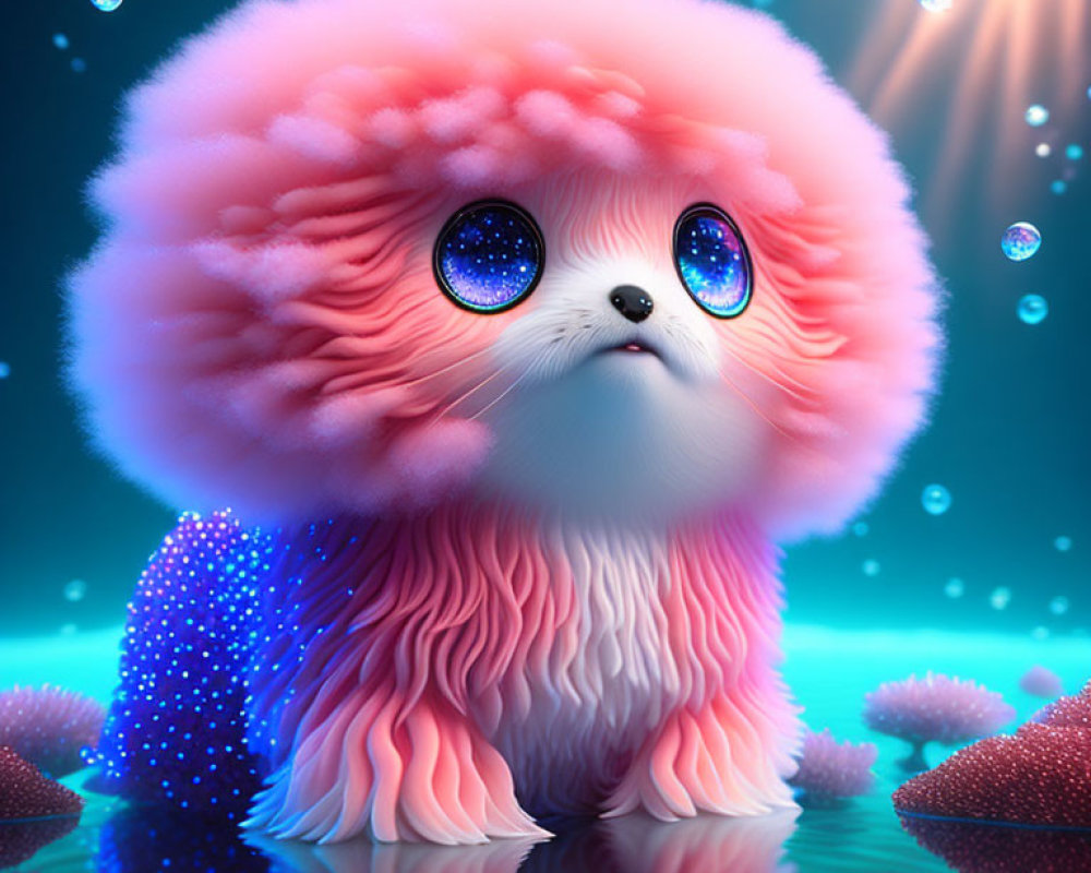 Fluffy kitten-like creature with coral mane and blue eyes in magical underwater setting