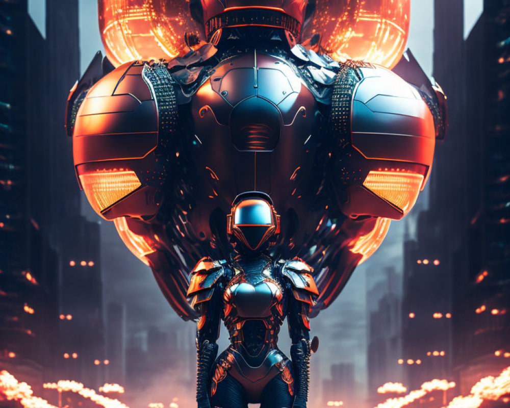 Armored robot with red glowing elements in cyberpunk cityscape.